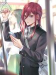  1boy black_jacket blue_lock cellphone chigiri_hyoma closed_mouth cowboy_shot cst hands_up highres holding holding_phone jacket long_hair long_sleeves looking_at_viewer male_focus phone red_eyes redhead school_uniform smartphone solo standing white_bag 