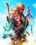  1boy abs absurdres alternate_hair_length alternate_hairstyle archaic_set_(zelda) arm_tattoo armlet blue_background blue_eyes bow_(weapon) bracer commentary digital_dissolve english_commentary glowing_arm highres holding holding_sword holding_weapon link long_hair magic male_focus master_sword messy_hair muscular muscular_male pectorals pointy_ears quiver reverse_grip shoulder_tattoo single_bare_shoulder solo sword tattoo the_legend_of_zelda the_legend_of_zelda:_tears_of_the_kingdom toga tylor_hepner weapon weapon_on_back 