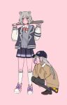 2girls :/ alpaca_opo alternate_costume baseball_bat baseball_cap black_skirt black_thighhighs bow bowtie braid brown_cardigan bubble_blowing cardigan cevio chewing_gum collared_shirt commentary_request double_bun flipped_hair footwear_bow grey_cardigan grey_hair hair_bun hair_ornament hairclip hands_on_own_chin hands_up hat head_rest highres holding holding_baseball_bat jacket kizuna_akari kneehighs koharu_rikka letterman_jacket loafers long_hair long_sleeves looking_at_viewer multiple_girls new_york_yankees open_clothes open_jacket over_shoulder pink_background pink_bow pink_bowtie pleated_skirt purple_bow shirt shoes short_hair simple_background skirt sneakers socks squatting standing synthesizer_v thigh-highs voiceroid weapon weapon_over_shoulder white_shirt white_socks 