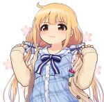  1girl :3 blonde_hair blue_bow blue_bowtie blue_dress blue_ribbon blush bow bowtie brown_eyes cardigan cowlick dress flower futaba_anzu hair_ribbon idolmaster idolmaster_cinderella_girls kamille_(vcx68) low_twintails open_cardigan open_clothes ribbon sleeves_past_wrists smile solo striped striped_ribbon twintails white_background wrapped_candy yellow_cardigan 