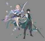  1boy 1girl arrow_(projectile) black_footwear black_hair black_pants black_shirt black_skirt blue_jacket boots bow_(weapon) closed_mouth coat compound_bow dan_heng_(honkai:_star_rail) grey_background highres holding holding_arrow holding_bow_(weapon) holding_polearm holding_weapon honkai:_star_rail honkai_(series) jacket long_sleeves looking_at_viewer march_7th_(honkai:_star_rail) open_mouth pants papajay_(jennygin2) pink_eyes pink_hair polearm shirt short_hair_with_long_locks simple_background skirt smile spear weapon white_coat 