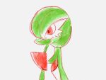  1girl ame_(pixiv_94535533) arms_at_sides bob_cut closed_mouth colored_skin commentary expressionless flat_chest gardevoir green_hair green_skin grey_background hair_over_one_eye highres multicolored_skin one_eye_covered pokemon pokemon_(creature) red_eyes short_hair simple_background sketch solo standing two-tone_skin upper_body white_skin 