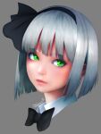  1girl absurdres black_bow black_bowtie black_hairband bow bowtie closed_mouth commentary english_commentary green_eyes grey_background hairband highres konpaku_youmu looking_at_viewer nuevii portrait signature simple_background solo touhou 
