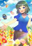 1girl :d blue_eyes blue_shirt blue_sky blurry blurry_background blurry_foreground breasts brown_skirt clouds cloudy_sky collarbone commentary_request commission day depth_of_field field flower flower_field green_hair hand_up kou_hiyoyo medium_breasts original outdoors pink_flower pleated_skirt puffy_short_sleeves puffy_sleeves red_flower shirt short_sleeves skeb_commission skirt sky smile white_flower yellow_flower 