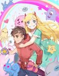 1boy 1girl blonde_hair blue_eyes brown_eyes brown_hair carrying carrying_person couple horns marco_diaz star_butterfly star_vs_the_forces_of_evil