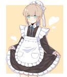  1girl alternate_costume apron baker_nemo_(fate) black_dress blonde_hair blue_bow blue_eyes blush border bow clothes_lift commentary dress enmaided fate/grand_order fate_(series) freedumco frilled_dress frilled_hat frilled_sleeves frills hat heart highres long_sleeves maid maid_apron mob_cap nemo_(fate) simple_background skirt skirt_lift smile solo white_apron white_border yellow_background 