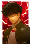  1boy black_hair black_jacket closed_mouth highres jacket kageyama_shigeo looking_at_viewer male_focus mob_psycho_100 on0n red_background shirt short_hair solo upper_body white_eyes white_shirt 