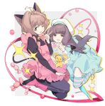  2girls animal_ears brown_hair candy cardcaptor_sakura cat_ears daidouji_tomoyo elmes02 female_child food heart heart_hands kero kinomoto_sakura magical_girl multiple_girls one_eye_closed open_mouth pink_footwear purple_hair simple_background v white_headwear wings 