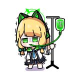  1girl :3 animal_ear_headphones animal_ears asymmetrical_bangs blonde_hair blue_archive blue_bow blue_necktie bow cat_ear_headphones chibi collared_shirt drinking empty_eyes fake_animal_ears gloom_(expression) green_eyes hair_bow halo headphones highres hood hooded_jacket intravenous_drip iv_stand jacket l4ttekim midori_(blue_archive) monster_energy necktie open_clothes open_jacket parted_bangs school_uniform shadow shirt shorts simple_background solo trembling white_background 