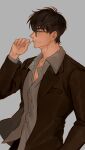  1boy black_hair black_jacket closed_mouth collared_shirt cowboy_shot facial_hair glasses grey_background grey_shirt hand_up highres jacket looking_away male_focus mouth_hold nicholas_d._wolfwood on0n partially_unbuttoned profile shirt short_hair simple_background solo standing trigun trigun_stampede 