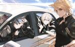  2boys 2girls ambience_synesthesia angel animal_ears arknights artist_name ayami_chan_0122 black_jacket black_nails black_shirt blonde_hair blue_eyes braid car choker closed_mouth collarbone collared_shirt cowboy_shot earrings enforcer_(arknights) eyewear_on_head fiammetta_(arknights) green_choker halo hand_up highres horse_boy horse_ears jacket jacket_on_shoulders jewelry long_hair mlynar_(arknights) motor_vehicle multiple_boys multiple_girls necklace partially_unbuttoned penance_(arknights) red_eyes redhead shirt short_hair short_ponytail short_sleeves smile standing sunglasses upper_body white_car white_hair wolf_ears wolf_girl yellow_eyes 