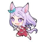  1girl animal_ears bright_pupils chibi clenched_hands ear_bow full_body horse_ears horse_girl horse_tail jacket light_blush long_hair long_sleeves looking_afar mejiro_mcqueen_(umamusume) open_mouth purple_hair red_jacket red_shorts shoes shorts simple_background smile sneakers socks solo tail tomato_mameta track_jacket umamusume violet_eyes white_background white_pupils white_socks 