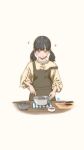  1girl absurdres apron black_hair blush bowl chocolate chocolate_making cooking cutting_board grey_eyes hair_ornament hairclip highres key_(kagibangou) knife long_hair mixing_bowl musical_note original simple_background smile solo strap_slip twintails whisk white_background 