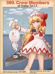  1girl :3 absurdres artist_name ascot back_bow battleship blonde_hair blue_eyes blue_sky blush bow breasts capelet carrot clenched_hand closed_mouth clouds commentary_request creature dress english_text epaulettes feet_out_of_frame frown hat hat_bow highres horizon inaba_tewi ju87r_(tvp1178) lily_white long_hair looking_afar medium_breasts military military_vehicle ocean poster_(medium) red_ascot red_bow ship sky sms_bayern sukusuku_hakutaku touhou very_long_hair warship watercraft white_capelet white_dress white_headwear 