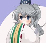  1girl :3 blue_background blue_eyes blue_headwear closed_mouth commentary grey_hair hands_in_opposite_sleeves hat highres long_hair long_sleeves looking_at_viewer mononobe_no_futo pipita ponytail ribbon-trimmed_sleeves ribbon_trim solo tate_eboshi touhou two-tone_background white_background wide_sleeves 