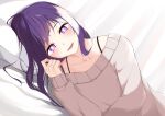  1girl absurdres bed_sheet blush collarbone commentary dutch_angle grey_sweater hair_twirling highres hoshino_ai_(oshi_no_ko) long_hair looking_at_viewer lying nemu_(zzz_nm0508) on_side oshi_no_ko parted_lips pillow purple_hair sidelocks smile solo star-shaped_pupils star_(symbol) sweater symbol-shaped_pupils upper_body violet_eyes 