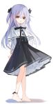  1girl :d arm_behind_back arm_grab barefoot black_bow black_skirt bow brown_eyes capelet commentary_request full_body hair_between_eyes highres long_hair long_sleeves looking_at_viewer original pleated_skirt puffy_long_sleeves puffy_sleeves purple_hair shadow shirt simple_background skirt smile solo standing two_side_up very_long_hair white_background white_capelet white_shirt yuuhagi_(amaretto-no-natsu) 
