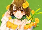  1girl amamiya_chiharu brown_eyes brown_hair collarbone dandelion flower green_background green_ribbon hair_flower hair_ornament neck_ribbon original ribbon short_hair smile solo 