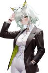  1girl absurdres animal_ear_fluff animal_ears arknights black_jacket blush closed_mouth collared_shirt commentary_request dress_shirt green_eyes grey_hair hair_intakes hand_in_pocket highres jacket kal&#039;tsit_(arknights) long_sleeves looking_at_viewer open_clothes open_jacket pants sama_(sama24654684) shirt simple_background solo watch watch white_background white_pants white_shirt 