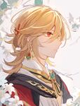  1boy absurdres artist_name blonde_hair closed_mouth dated earrings feather_hair_ornament feathers flower from_side fuwafuwa_matcha gem genshin_impact gold_earrings gold_necklace gold_trim green_gemstone hair_ornament highres jewelry kaveh_(genshin_impact) male_focus medium_hair necklace profile red_eyes red_gemstone signature solo twitter_username white_flower 
