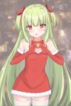  1girl :3 absurdres bare_shoulders blunt_bangs blunt_ends blush breasts brown_background commentary cowboy_shot curvy dress eyelashes eyes_visible_through_hair fur-trimmed_dress fur-trimmed_sleeves fur_trim furrowed_brow gloves green_hair hair_ribbon hands_up heart heart_hands highres hime_cut long_hair looking_at_viewer lunana murasame_(senren) open_mouth red_eyes red_ribbon ribbon santa_dress santa_gloves senren_banka sidelocks simple_background small_breasts smile solo standing straight-on straight_hair thigh-highs two_side_up very_long_hair white_thighhighs zettai_ryouiki 