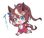  1girl animal_ears blue_eyes bow brown_hair chibi clenched_hand hair_between_eyes hair_bow horse_ears horse_girl horse_tail jacket light_blush long_hair long_sleeves looking_at_viewer multicolored_hair open_mouth ponytail red_jacket red_shorts running shoes shorts simple_background smile sneakers socks solo streaked_hair tail tokai_teio_(umamusume) tomato_mameta track_jacket translation_request umamusume v-shaped_eyebrows white_background white_socks 