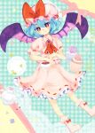  1girl ascot bat_wings blue_background blue_hair blush bow bright_pupils brooch chanko_eee cup cupcake food frilled_skirt frills hat hat_bow jewelry lace mob_cap pink_footwear pink_shirt pink_skirt puffy_short_sleeves puffy_sleeves red_ascot red_bow red_brooch red_eyes red_ribbon remilia_scarlet ribbon shirt short_hair short_sleeves skirt smile solo teacup teapot touhou wings 