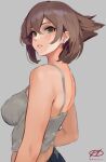  1girl alternate_costume artist_logo barefoot breasts brown_eyes earrings flipped_hair grey_background haruto_(harut_n) jewelry kantai_collection large_breasts mutsu_(kancolle) one-hour_drawing_challenge parted_lips short_hair solo tank_top upper_body 