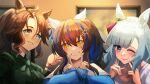  3girls absurdres animal_ears blue_eyes blue_hair blue_shirt blurry blurry_background blush braid breasts brown_hair cero421 colored_inner_hair crown_braid daitaku_helios_(umamusume) ear_covers fingers_to_cheeks green_shirt grin hair_ornament hairclip highres horse_ears indoors jewelry long_hair mejiro_ardan_(umamusume) mejiro_palmer_(umamusume) multicolored_hair multiple_girls necklace one_eye_closed open_mouth painting_(object) shirt side_ponytail small_breasts smile streaked_hair two-tone_hair umamusume upper_body violet_eyes white_shirt yellow_eyes 