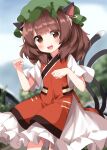  1girl :d animal_ear_fluff animal_ears blunt_bangs blurry blurry_background blush brown_eyes brown_hair cat_ears cat_tail chen commentary_request cowboy_shot day dress earrings flat_chest foul_detective_satori hands_up happy hat highres jewelry looking_at_viewer medium_hair mob_cap multiple_tails nekomata one-hour_drawing_challenge open_mouth outdoors paw_pose petite red_dress ruu_(tksymkw) short_sleeves single_earring smile solo tail touhou two_tails wide_sleeves 