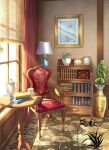  artist_logo book chair curtains desk_lamp indoors lamp no_humans original painting_(object) plant potted_plant scenery shelf table teapot vase xingzhi_lv 