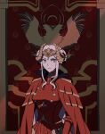  1girl breasts buttons cape commentary_request crown double_bun dress edelgard_von_hresvelg fire_emblem fire_emblem:_three_houses frown hair_bun hair_up highres horns korean_commentary large_breasts looking_at_viewer red_cape red_dress serious sidelocks solo tapestry udeudede upper_body violet_eyes white_hair 