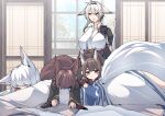  4girls absurdres akagi-chan_(azur_lane) amagi-chan_(azur_lane) animal_ears azur_lane bell bent_over black_hairband black_kimono blush breasts brown_hair day eyeshadow facing_viewer fox_ears fox_girl fox_tail hair_bell hair_between_eyes hair_ornament hairband hand_on_another&#039;s_back hand_up highres japanese_clothes kaga_(azur_lane) kimono kitsune large_breasts long_hair long_sleeves looking_at_another lying makeup medium_hair multiple_girls on_stomach open_mouth red_eyeshadow samip sleeping sleeping_on_person slit_pupils tail teeth tosa_(azur_lane) upper_teeth_only violet_eyes white_hair white_kimono wide_sleeves 