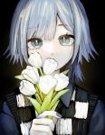 1other androgynous black_background black_cardigan blue_shirt cardigan checkered_clothes commentary_request covered_mouth flower grey_eyes grey_hair grey_nails hand_up highres holding holding_flower long_hair looking_at_viewer original shirt solo straight-on urokogaran white_cardigan white_flower 