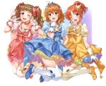  3girls ;d abe_nana absurdres ahoge araki_hina blue_choker blue_dress blunt_bangs blush bow bowtie breasts brooch brown_eyes brown_hair choker collarbone dot_nose dress finger_to_cheek finger_to_own_chin frilled_dress frills full_body gloves gradient_background gradient_dress hair_bow hair_ornament hair_ribbon hand_up hands_up heart high_heels highres idolmaster idolmaster_cinderella_girls idolmaster_cinderella_girls_starlight_stage index_finger_raised jewelry kamiya_nao long_hair looking_at_viewer magical_girl medium_breasts multicolored_background multiple_girls one_eye_closed open_mouth ponytail red_bow red_bowtie red_choker red_dress red_eyes red_ribbon ribbon short_hair short_sleeves shy simple_background sirurabbit smile star_(symbol) star_brooch star_hair_ornament sweatdrop thick_eyebrows thigh-highs tiara twintails wavy_mouth white_background white_gloves white_thighhighs wing_hair_ornament yellow_choker yellow_dress 
