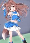  1girl ahoge animal_ears blush boots brown_hair claw_pose crop_top detached_sleeves huge_ahoge kantai_collection kuma_(kancolle) long_hair looking_at_viewer midriff nassukun navel official_alternate_costume open_mouth orange_eyes skirt sleeveless solo tail 