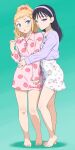  2girls absurdres barefoot black_hair blonde_hair blue_eyes buttons english_text feet floral_print full_body hair_ornament headband heart heart_hair_ornament highres hug ichikawa_masahiro legs mima_sachi minami_koharu multiple_girls pajamas pink_pajamas simple_background toenails toes violet_eyes watashi_ga_motenai_no_wa_dou_kangaetemo_omaera_ga_warui! 