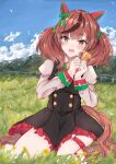  1girl absurdres animal_ears black_dress blue_sky boots bow brown_eyes brown_footwear brown_hair buttons cdsola clouds cloudy_sky double-breasted dress ear_covers grass highres horse_ears horse_girl juliet_sleeves long_sleeves looking_at_viewer medium_hair multicolored_hair nice_nature_(umamusume) on_ground open_mouth outdoors puffy_sleeves redhead sitting sky smile solo streaked_hair striped striped_bow thigh_strap umamusume wariza 