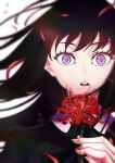  1girl black_hair blue_dress collared_shirt commentary dress falling_petals fingernails flower green_ribbon highres holding holding_flower inoue_takina long_hair looking_at_viewer lycoris_recoil lycoris_uniform neck_ribbon open_mouth petals ribbon shirt solo spider_lily teeth tomeyan upper_body upper_teeth_only violet_eyes white_background wide-eyed 