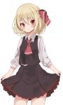  1girl ascot atory black_skirt black_vest blonde_hair closed_mouth collared_shirt commentary_request hair_ribbon highres long_sleeves looking_at_viewer red_ascot red_eyes red_ribbon ribbon rumia shirt simple_background skirt solo standing touhou vest white_background white_shirt 