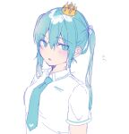  1girl blue_eyes blue_hair blue_necktie blush breasts collared_shirt commentary_request crown hair_between_eyes hatsune_miku heremia highres looking_at_viewer mini_crown necktie parted_lips shirt short_sleeves simple_background small_breasts solo twintails vocaloid white_background white_shirt 