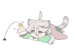  1girl ahoge animal_ear_fluff animal_ears blanket cat_ears cat_tail cat_teaser chibi closed_mouth commentary full_body grey_eyes grey_hair gundam gundam_suisei_no_majo hair_between_eyes hamu_(hamusand) highres kemonomimi_mode long_hair long_sleeves lying miorine_rembran on_stomach simple_background solo swept_bangs symbol-only_commentary tail under_covers white_background 