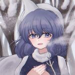  1girl breath commentary highres lapel_pin letterboxed letty_whiterock looking_at_viewer open_mouth pipita purple_hair snow snowing solo touhou upper_body violet_eyes white_headwear 