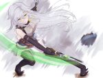  1girl absurdres belt boots dual_wielding eiyuu_densetsu elbow_gloves fie_claussell fingerless_gloves gloves green_eyes gunblade hat highres holding holding_weapon kuro_no_kiseki long_hair looking_at_viewer open_mouth sidelocks sketch solo thigh-highs weapon white_hair witch_f 