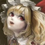  1girl blonde_hair brooch commentary_request eyebrows_hidden_by_hair eyelashes fang flandre_scarlet hair_between_eyes hat jewelry lips looking_at_viewer medium_hair miyako_yamamoto mob_cap nose one_side_up painterly parted_lips portrait red_eyes red_lips slit_pupils solo teeth touhou upper_teeth_only 