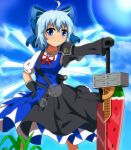  1girl advent_cirno ahoge anime_coloring black_gloves blue_bow blue_dress blue_eyes blue_hair bow cirno closed_mouth commentary_request detached_wings dress feet_out_of_frame fusion_swords gloves hair_bow hand_on_hilt hand_on_own_hip highres ice ice_wings looking_at_viewer outdoors short_sleeves shoulder_guard smile solo standing touhou wings yatsuchi_(mi) 
