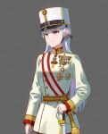  1girl absurdres austria austria-hungary belt breasts closed_mouth commentary commentary_request cowboy_shot english_commentary gold_ship_(umamusume) grey_background hat head_tilt highres holding holding_sword holding_weapon huihuang_rongyao large_breasts long_hair long_sleeves medal military military_uniform mixed-language_commentary saber_(weapon) shako_cap simple_background solo sword text_background umamusume uniform very_long_hair violet_eyes weapon wide_sleeves world_war_i 