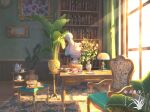 artist_logo book bookshelf bust_(sculpture) cake chair cup curtains desk_lamp food indoors lamp no_humans original painting_(object) plant plate potted_plant scenery sunlight teacup teapot vase window xingzhi_lv 