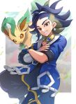  1boy adaman_(pokemon) arm_wrap blue_coat brown_eyes coat collar collarbone commentary_request crossed_arms earrings eyebrow_cut falling_leaves gonzarez grin highres jewelry leaf leafeon looking_down male_focus multicolored_hair pokemon pokemon_(creature) pokemon_(game) pokemon_legends:_arceus ponytail smile teeth 