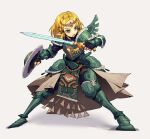 1girl absurdres alternate_costume armor armored_boots black_gloves blonde_hair boots braid crown_braid fingerless_gloves full_armor full_body gloves green_eyes highres holding holding_shield holding_sword holding_weapon looking_to_the_side medium_hair parted_bangs pikat pointy_ears princess_zelda shield simple_background solo standing sword the_legend_of_zelda the_legend_of_zelda:_tears_of_the_kingdom weapon white_background 